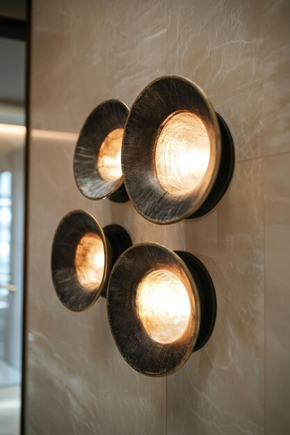 Photo a modern wall sconce with geometric shapes and mixed textures illuminated with soft warm light