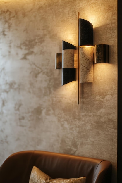 Photo a modern wall sconce with geometric shapes and mixed textures illuminated with soft warm light