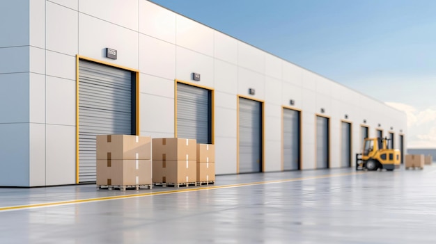 Modern warehouse exterior with forklift cargo and loading docks