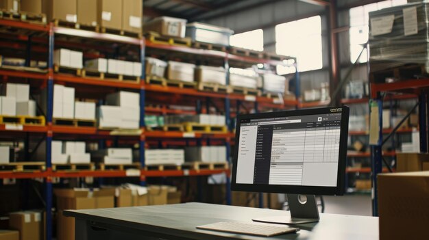 Photo a modern warehouse interior focusing on a desk with a computer showing inventory software surrounded by high shelves filled with boxes