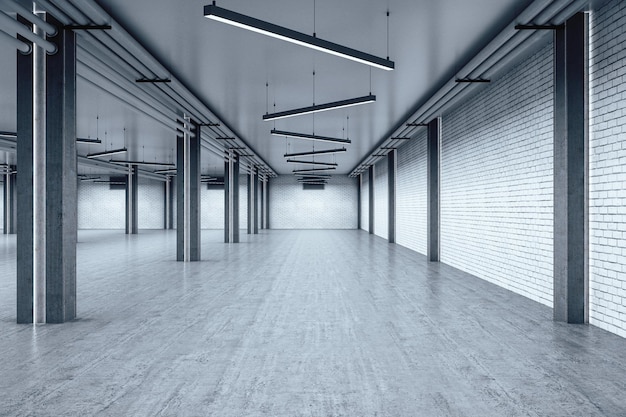 Modern warehouse interior with brick wall and columns