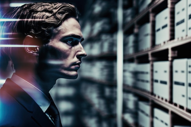 Modern warehouse with and businessman in wondrous double exposure