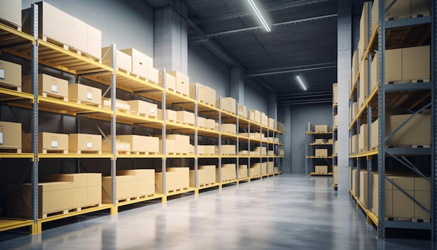 Modern warehouse with racks boxes and containers AI generated