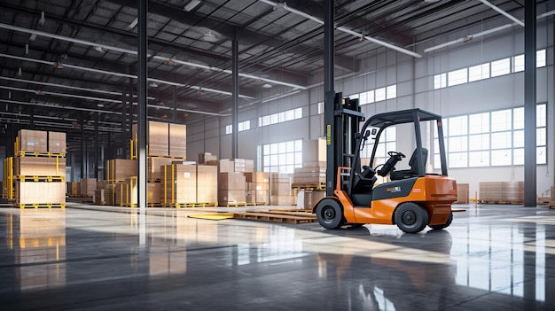 A modern warehouse with shelves filled with boxes, and a forklift standing by