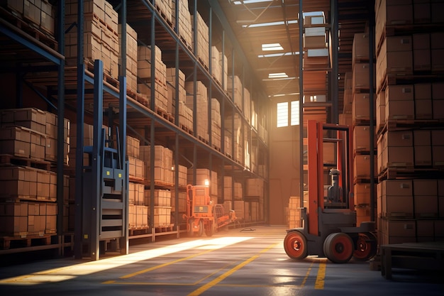 A modern warehouse with shelves filled with boxes, and a forklift standing by