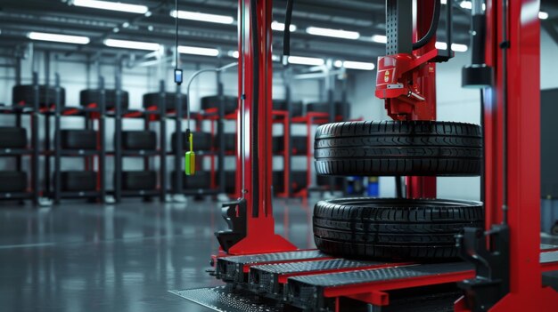 Photo a modern warehouse with a tire storage and handling system featuring red automated machinery that