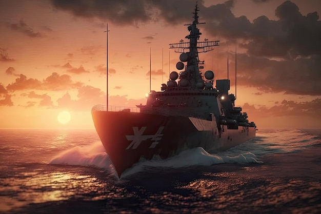 Modern warship in the sea at sunset Military force ship sailing in ocean Generative AI