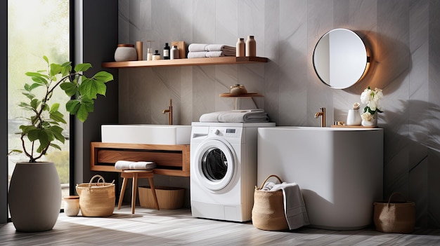 Modern washing machine in a contemporary bathroom Laundry room interior with modern washing machine near light wall Generative AI