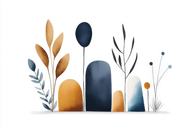 A modern watercolor illustration of abstract plants and shapes perfect for design projects and naturethemed presentations