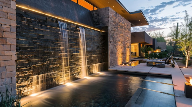 modern waterfall wall at night home garden