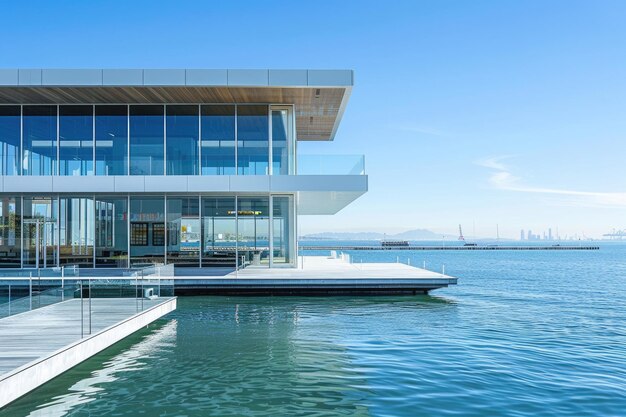 Photo a modern waterfront building with a glass facade offers views of the pier on a sunny day aig59