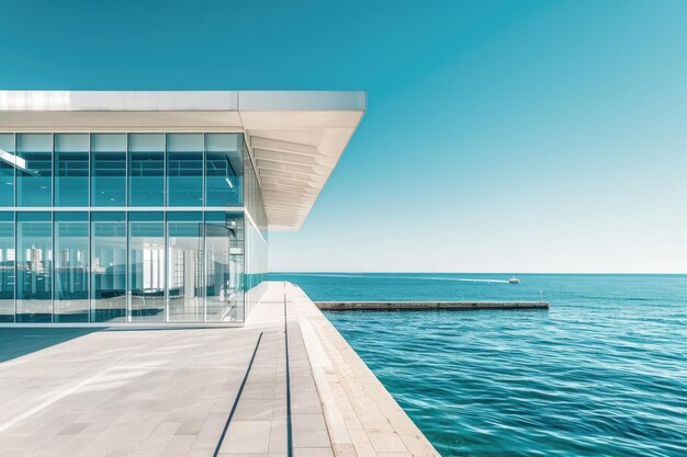 A modern waterfront building with a glass facade offers views of the pier on a sunny day AIG59