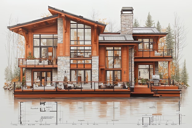 Modern Waterfront Home with Floor Plan Illustration