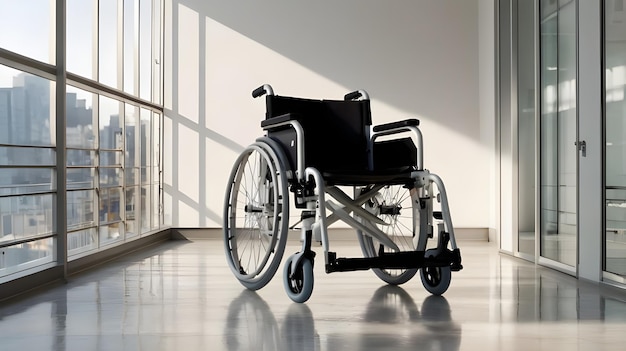 Modern Wheelchair With Black Seat and Silver Frame on a White Floor