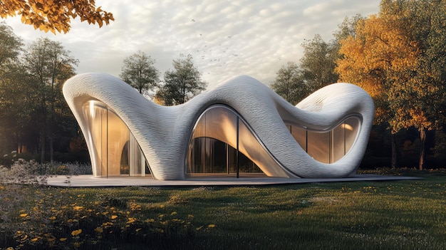 Modern White 3D Printed Structure in a Forest Setting