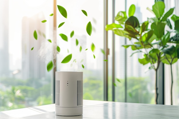 Photo a modern white air purifier on a table emitting steam with green leaves swirling