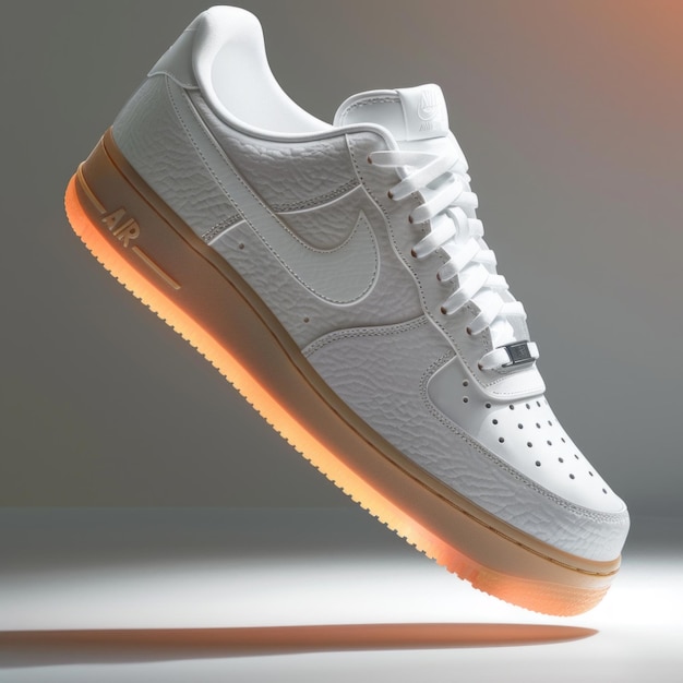 Modern white athletic shoe with a glowing orange sole designed for performance and style The sleek design is perfect for sports or casual wear AI