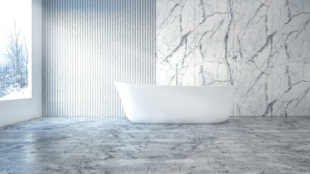 Modern white bathroom 3d rendering image. There are concrete tile wall and floor.