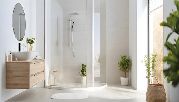 Modern white bathroom interior with stylish vessel sink and glass shower stall