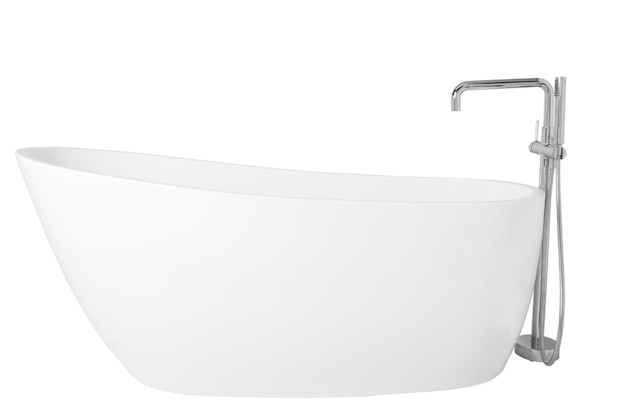 Modern white bathtub with a stainless metal faucet isolated on a white background