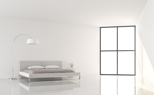 Modern white bedroom minimal style 3d render Furnished with light gray fabric bed set