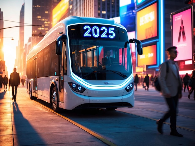 Modern White Bus With 2025 Display in a City Setting at Sunset