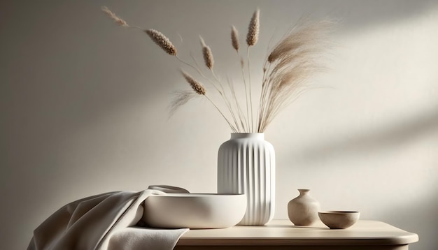 Modern white ceramic vase with dry Lagurus ovatus grass and marble tray on vintage wooden bench