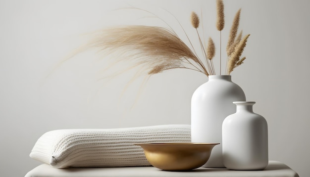 Modern white ceramic vase with dry Lagurus ovatus grass and marble tray on vintage wooden bench