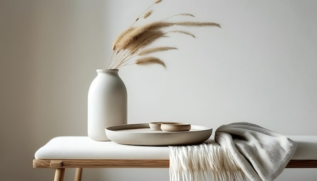 Modern white ceramic vase with dry Lagurus ovatus grass and marble tray on vintage wooden bench