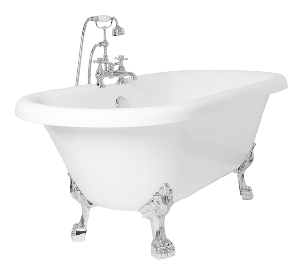 Modern white clawfoot bathtub with a stainless metal faucet isolated on a white background