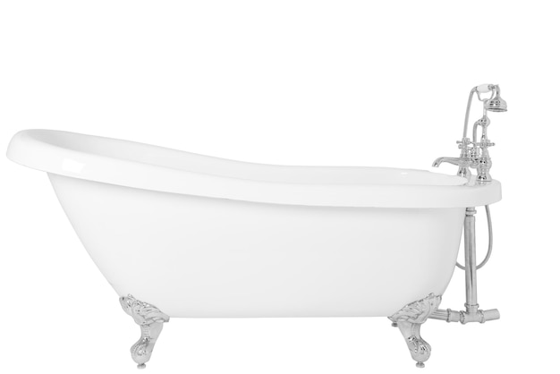 Modern white clawfoot bathtub with a stainless metal faucet isolated on a white background