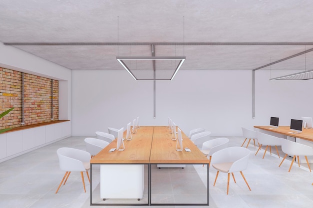 Modern white concrete and brick coworking office interior with furniture and equipment 3D Rendering