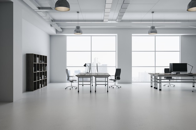 Modern white concrete coworking office interior with furniture bookcase window with city view 3D Rendering