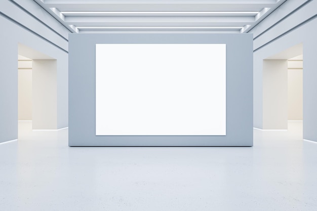 Modern white concrete gallery interior with mock up banner on wall and arches 3D Rendering