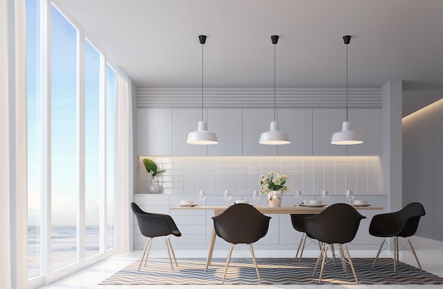 Modern white dining room with sea view 3d rendering imageDecorate wall with hidden warm light