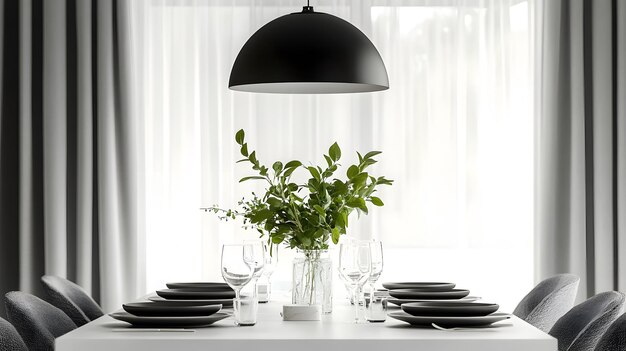 Photo modern white dining table with grey upholstered chairs minimalist black overhead light chic table arrangement including plates glassware and green foliage in a vase soft light filtering through