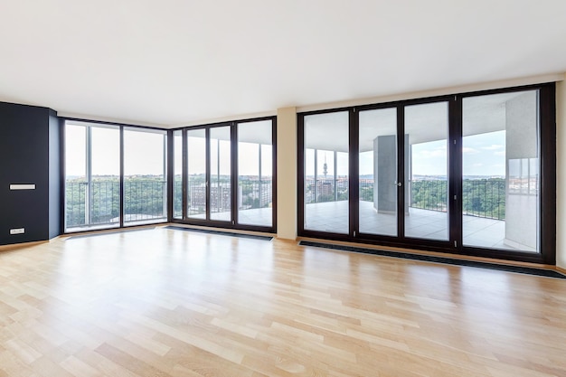 Modern white empty loft apartment interior living room hall ace panorama Overlooking the metropolis city