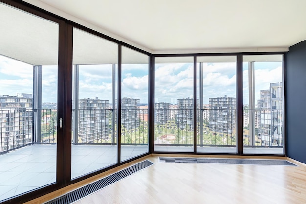 Modern white empty loft apartment interior living room hall ace panorama Overlooking the metropolis city