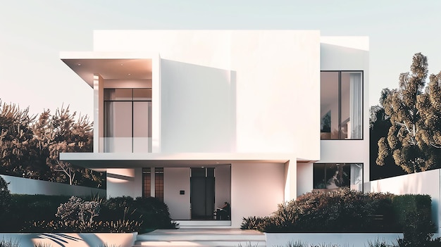 A modern white house with a symmetrical facade exuding balance and symmetry in its architectural composition