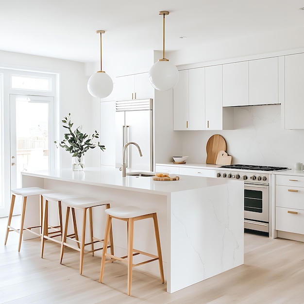 Modern White Kitchen Island with Bar Stools and Pendant Lights