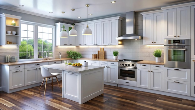 Modern White Kitchen Island with Pendant Lights