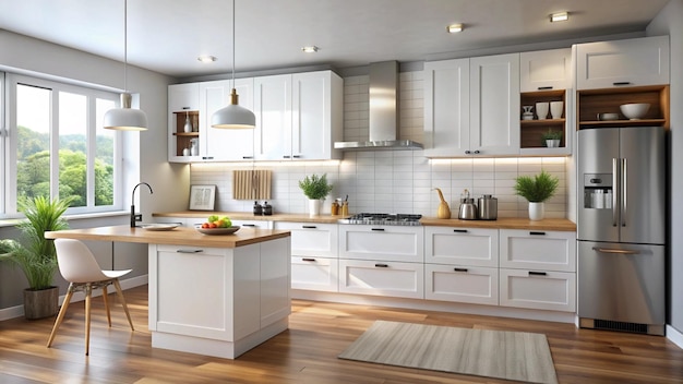 Modern White Kitchen with Island and Stainless Steel Appliances