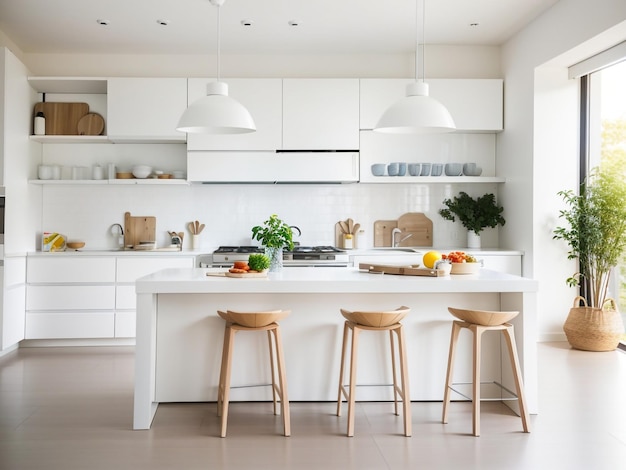 Modern White Kitchen with Rectangular Bar