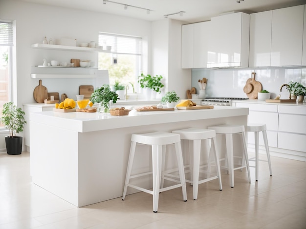 Modern White Kitchen with Rectangular Bar