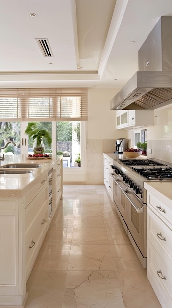 Modern white kitchen with stainless steel appliances white cabinets a black window frame and a view of trees and greenery Light grey tiled floor