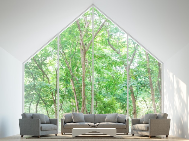 Modern white living room 3d render with gray sofa and nature view