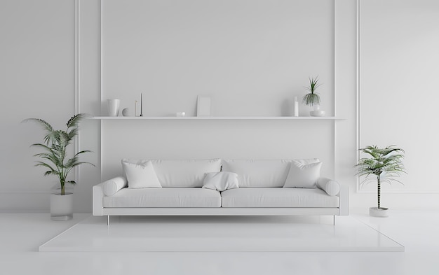 Modern white living room interior with sofa and shelf on the wall