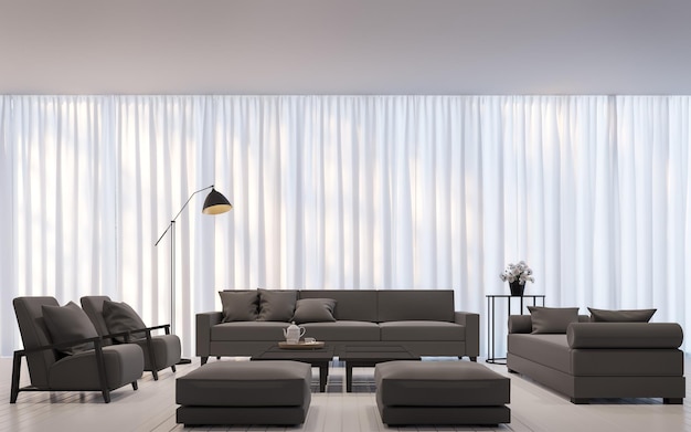 Modern white living room minimal style 3D render decorate room with white translucent curtain