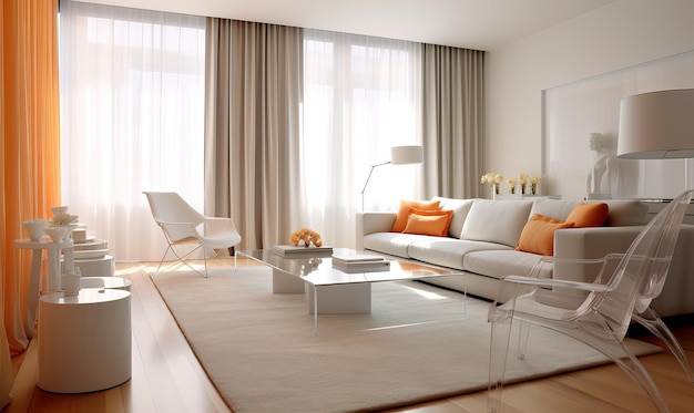 Modern white living room with vibrant orange accents