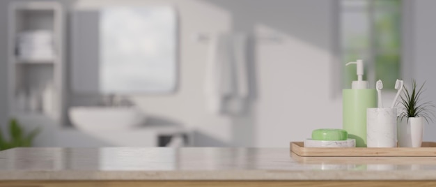 Modern white marble bathroom tabletop with bath accessories and copy space